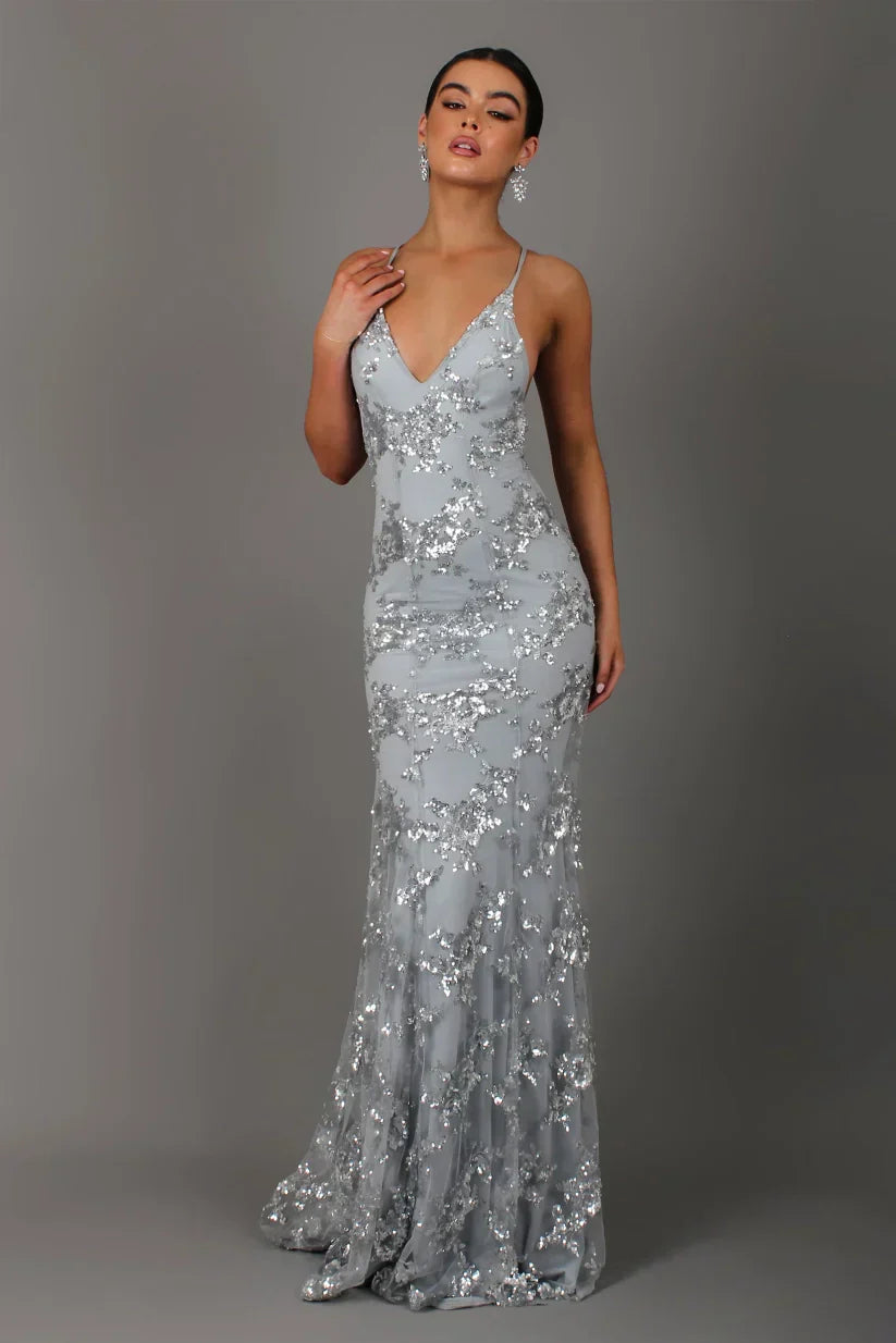 Women's Sequin Mermaid Maxi Dress - Deep V-Neck with Open Back Lace-Up and Fishtail Hem