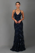 Women's Sequin Mermaid Maxi Dress - Deep V-Neck with Open Back Lace-Up and Fishtail Hem