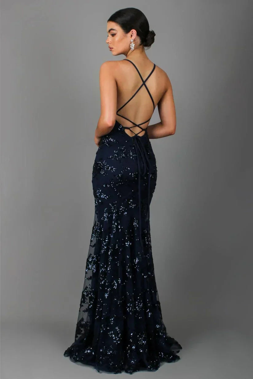 Women's Sequin Mermaid Maxi Dress - Deep V-Neck with Open Back Lace-Up and Fishtail Hem