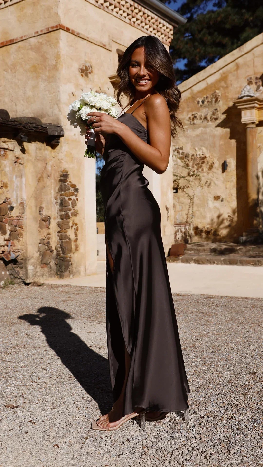 Women's Satin Maxi Dress - Square Neck and Ruched Side with Split